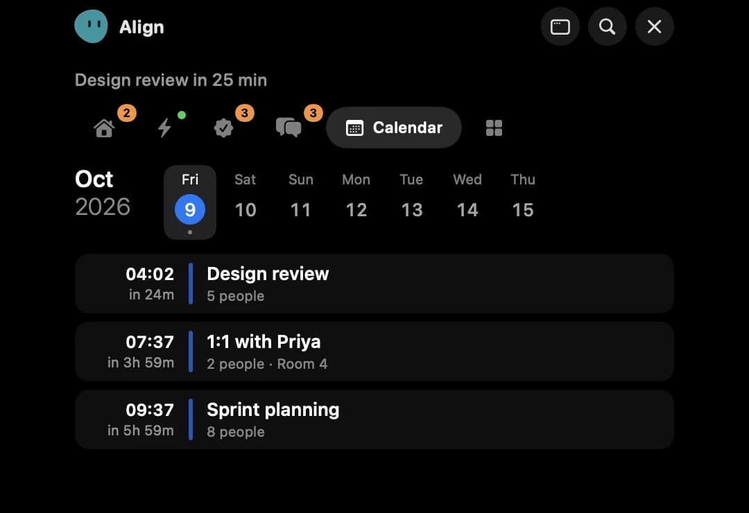 The Calendar tab with a week strip and today's meetings