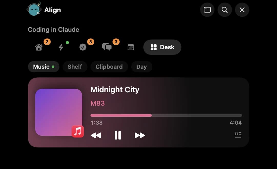 The Desk tab with the music player