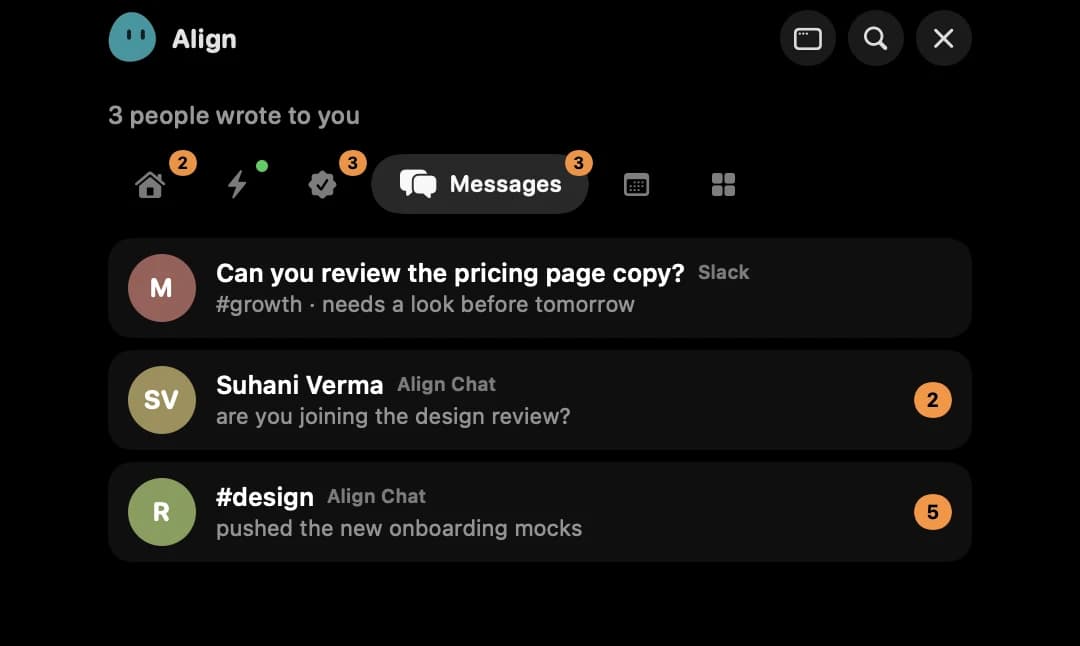The Messages tab showing a Slack ask and two unread Align Chat conversations